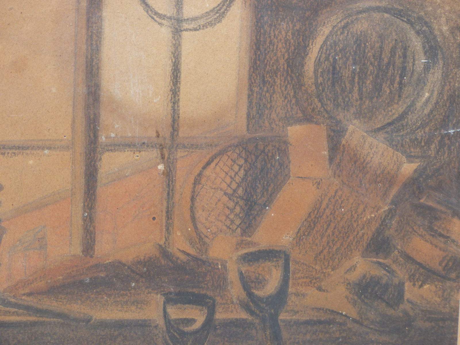 BRITISH SCHOOL (20th CENTURY), TOOLS IN A GARDEN SHED, CHARCOAL AND PASTELS, 34.5 X 37cm. - Image 3 of 4