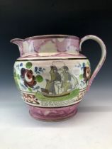 A 19th C. SUNDERLAND PINK LUSTRE JUG WITH HAND COLOURED PRINTS OF THE SAILORS FAREWELL, GOD SPEED