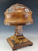 A MIDDLE EASTERN SPECIMEN WOOD MARQUETRIED TABLE LAMP AND SHADE, THE OYSTER WOOD SHADE ON A SQUARE