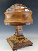 A MIDDLE EASTERN SPECIMEN WOOD MARQUETRIED TABLE LAMP AND SHADE, THE OYSTER WOOD SHADE ON A SQUARE