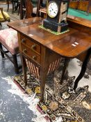 A VICTORIAN ROSEWOOD CROSS BANDED MAHOGANY WORK TABLE WITH A FLAP TOP OVER TWO DRAWERS AND A WORK