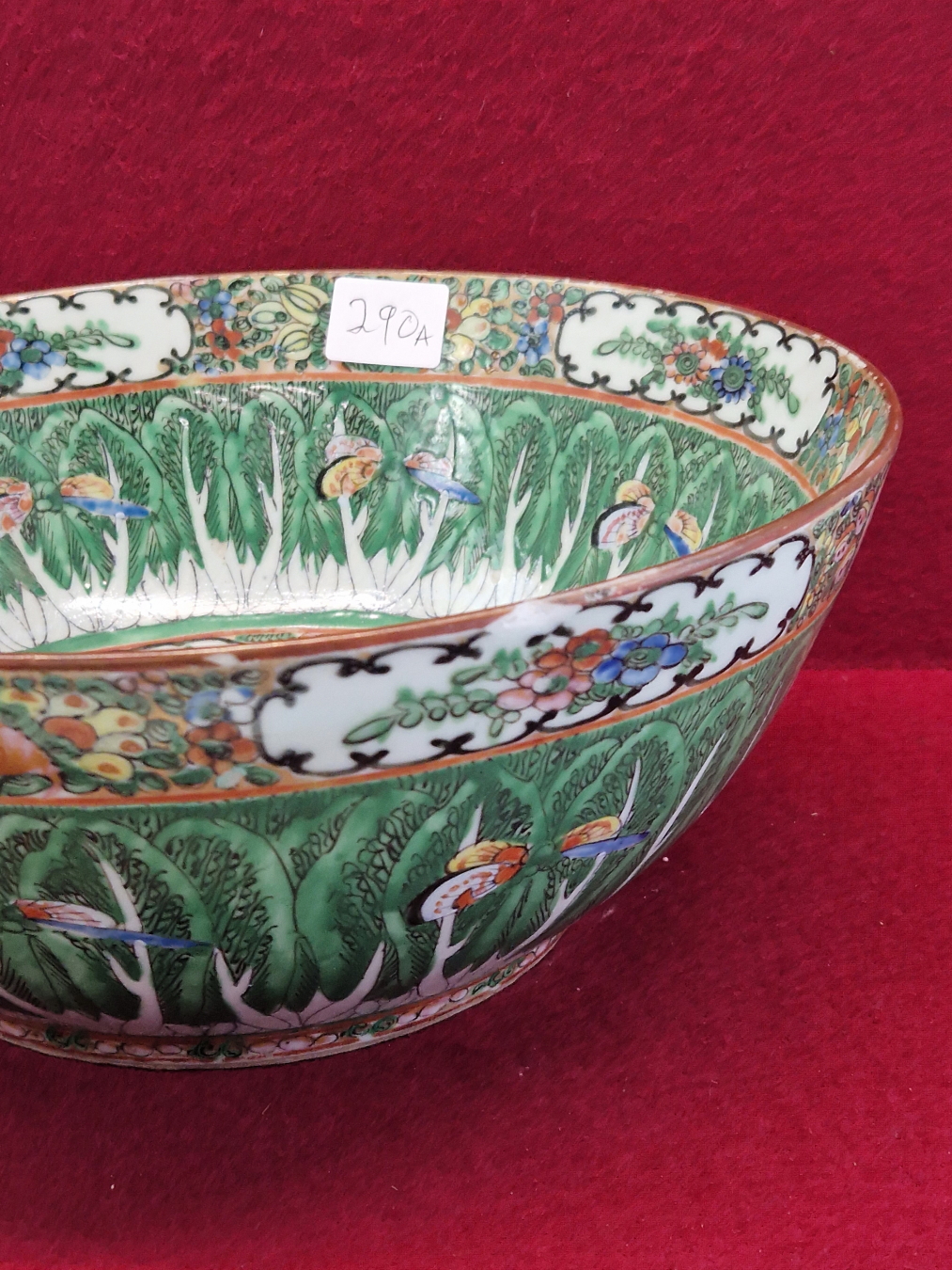 A CANTON BOWL PAINTED WITH BUTTERFLIES AMONGST BANDS OF STIFF LEAVES. Dia 27.5cms. - Image 3 of 5