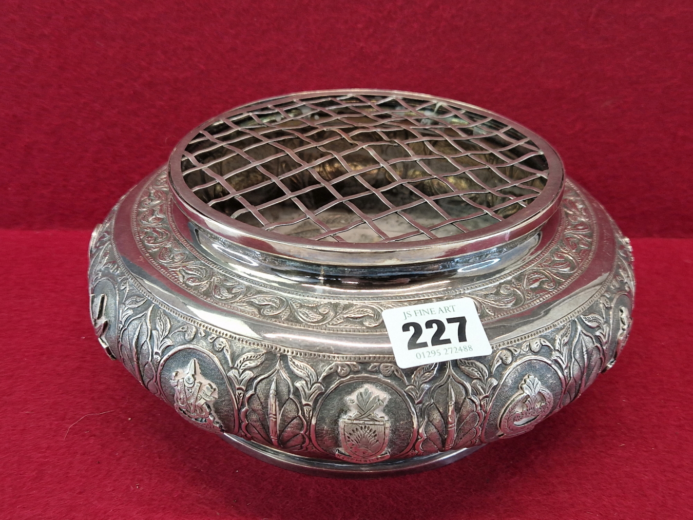 A BURMESE WHITE METAL 1960 PRESENTATION ROSE BOWL AND GRILLE COVER, THE BUN SHAPED SIDES WITH TOWN - Image 2 of 16