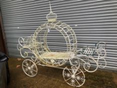 AN IMPRESSIVE LARGE FAIRY TALE PRINCESS CARRIAGE FORM PAINTED IRON FLOWER DISPLAY STAND.