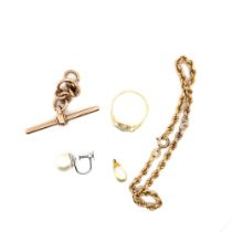 A 9ct HALLMARKED GOLD ROPE BRACELET, TOGETHER WITH A 9ct HALLMARKED GOLD T-BAR AND CHAIN, AN