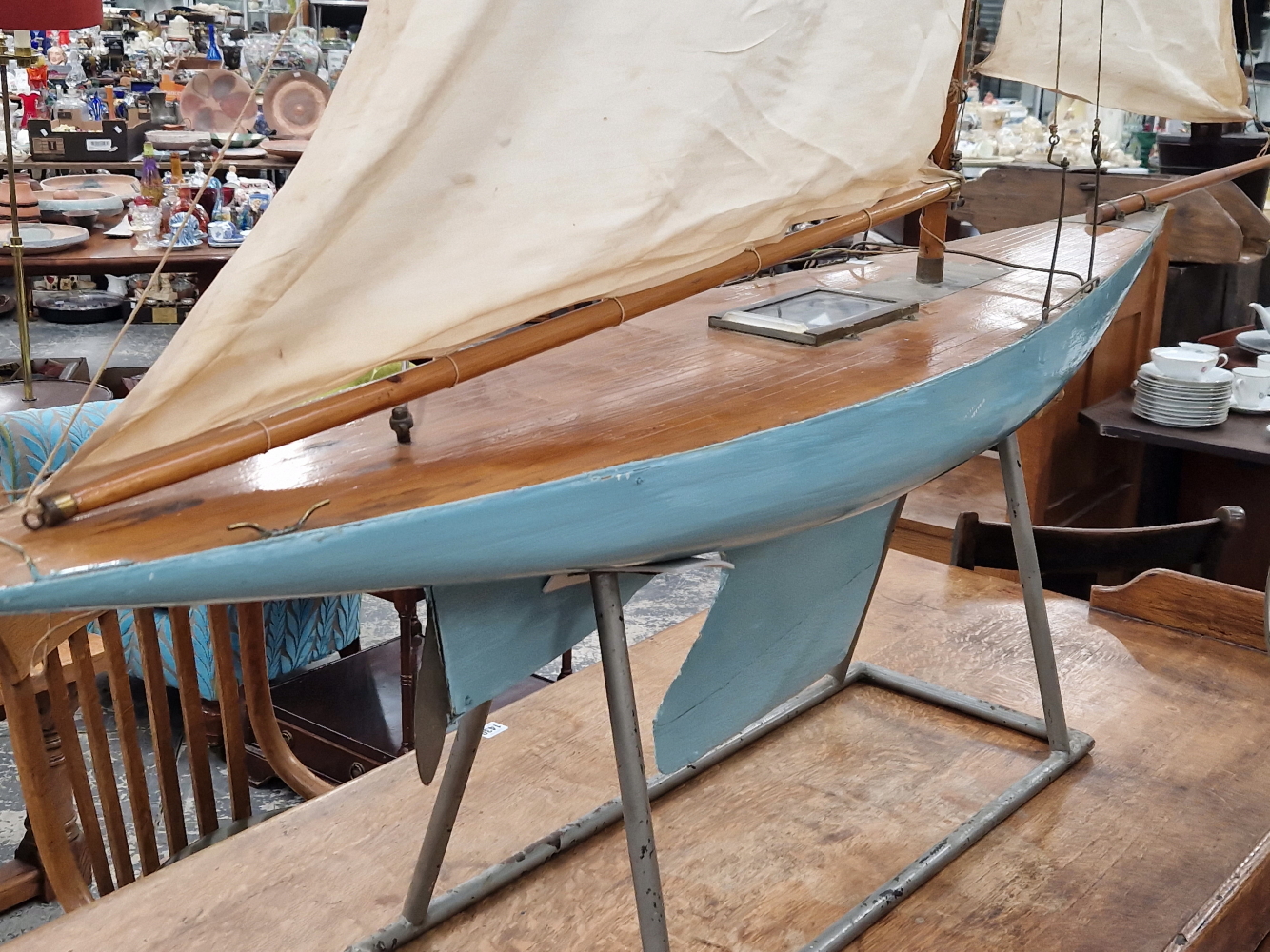 A BLUE HULLED POND YACHT NAMED WHO CARES, FROM STERN TO BOW SPRIT. 199cms. - Image 2 of 3