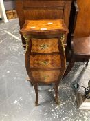 A FRENCH TASTE BOMBE INLAID SMALL CHEST WITH THREE DIAMOND DIAPERED PARQUETRY DRAWERS. H 75cms.