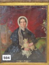 CONTINENTAL SCHOOL (19th CENTURY), PORTRAIT OF A LADY HOLDING A SMALL DOG ON HER LAP, OIL, 17 X
