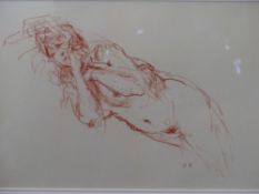 BERNARD DUNSTAN. (1920-2017) ARR. NUDE STUDY. RED CHALK ON PAPER. MONOIGRAMMED AND LABELLED VERSO.