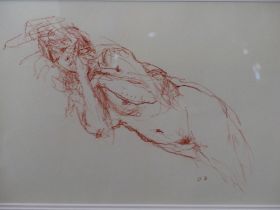 BERNARD DUNSTAN. (1920-2017) ARR. NUDE STUDY. RED CHALK ON PAPER. MONOIGRAMMED AND LABELLED VERSO.