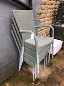 THREE LLOYD LOOM PATIO CHAIRS AND A MATCHING ARM CHAIR.