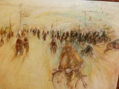 BRITISH SCHOOL (20TH CENTURY), VIEW OF CYCLISTS, INDISTINCLY SIGNED AND DATED '73, OIL ON CANVAS,