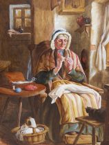 H.L.D. (19th CENTURY). THE COTTAGE SEAMSTRESS. WATERCOLOUR. SIGNED WITH INITIALS AND DATED 1870.