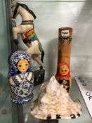 TWO BABUSHKA DOLLS, A CONCH SHELL, HORSE FIGURE AND A CYLINDRICAL STUDIO POTTERY VASE