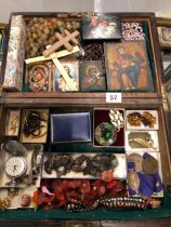 A COLLECTION OF VINTAGE JEWELLERY, COINS, ROSARIES, RELIGIOUS ICON PICTURES, CROSSES ETC.