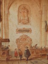 JAMES HOLLAND (1799-1870), CATHEDRAL INTERIOR WITH FIGURES, WATERCOLOUR SKETCH, 10.5 X 18cm,