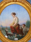 FRENCH SCHOOL, THE GOATHERD, YOUNG WOMAN WITH DOG, GOAT AND CHILD, OIL ON GLASS, OVAL IN CONVEX