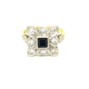 A VINTAGE 18ct GOLD STAMPED ART DECO STYLE SAPPHIRE AND DIAMOND CLUSTER TYPE RING. FINGER SIZE J.