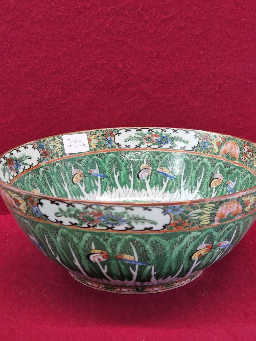 A CANTON BOWL PAINTED WITH BUTTERFLIES AMONGST BANDS OF STIFF LEAVES. Dia 27.5cms. - Image 2 of 5