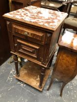 A MARBLE TOPPED OAK BEDSIDE CUPBOARD TOGETHER WITH ANOTHER IN STAINED PINE