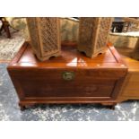 A MODERN CHINESE HARDWOOD COFFER CARVED WITH SHOU CHARACTER ROUNDELS. W 104 x D 53 x H 62cms.