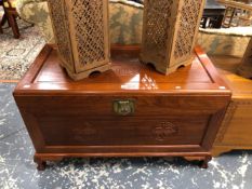 A MODERN CHINESE HARDWOOD COFFER CARVED WITH SHOU CHARACTER ROUNDELS. W 104 x D 53 x H 62cms.