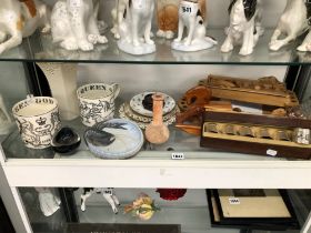 A ROYAL COPENHAGEN CRAYFISH DECOR DISH, TWO WEDGWOOD MUGS, A SET OF NAPKIN RINGS, TREEN TOYS ETC.