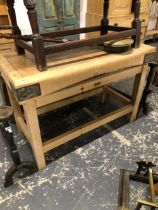 AN ANTIQUE LARGE BUTCHERS BLOCK ON STAND LABELLED G, RUSHBROOKE, LONDON