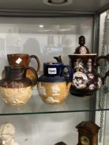 THREE SALT GLAZED STONEWARE JUGS TOGETHER WITH AN 1883 BARGEWARE TEA POT