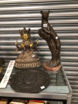 A BUDDHA, A BRONZE BIG CAT SCULPTURE TOGETHER WITH AND INDIAN SILVER DAMASCENED COPPER DISH