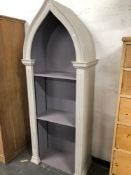 A GREY PAINTED GOTHIC ARCHED OPEN BOOK CASE WITH THREE MAUVE SHELVES. W 76 x D 40 x H 194cms.