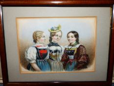 CONTINENTAL SCHOOL (19th CENTURY), THREE YOUNG GIRLS IN BEST ATTIRE, WATERCOLOUR AND BODY COLOUR,