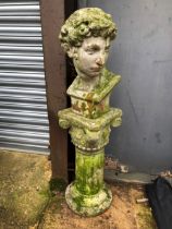 A TERRACOTTA CLASSICAL STYLE BUST ON FLUTED COLUMN BASE.