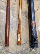 A BURROUGHS AND WATTS METAL CASED J P MANNOCH ANTI GRIP BILLIARD CUE TOGETHER WITH A CLUBMAN CUE