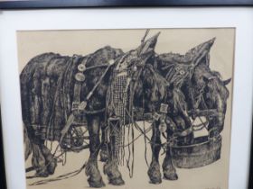 HENSCHL 1914, ETCHING OF DRAUGHT HORSES DRINKING, 45 X 35cm.