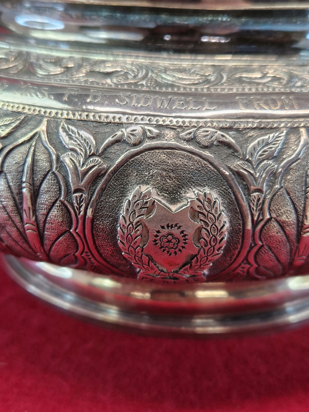 A BURMESE WHITE METAL 1960 PRESENTATION ROSE BOWL AND GRILLE COVER, THE BUN SHAPED SIDES WITH TOWN - Image 10 of 16