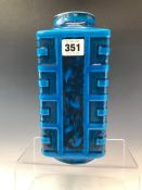 A MINTON MAJOLICA BLUE GLAZED CONG SHAPED VASE, DATE SYMBOL FOR 1873, THE SIDES PAINTED WITH