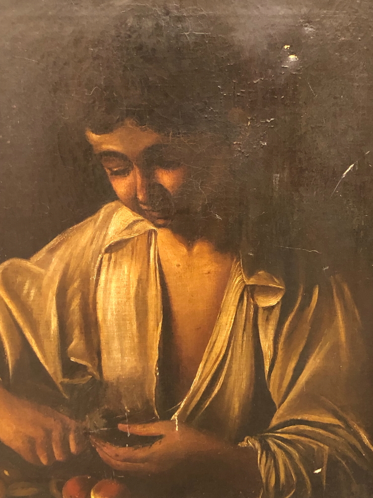 AFTER THE OLD MASTERS. (EARLY 19th CENTURY) A YOUNG MAN PEELING APPLES. OIL ON CANVAS 50 X 60 cm. - Image 8 of 8