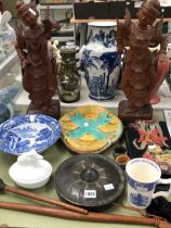 A PAIR OF EASTERN CARVED FIGURES, A MAJOLICA PLATE, A SPODE BOWL ETC.