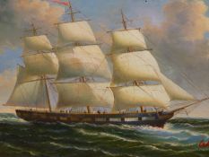 A NAIVE STYLE OIL ON CANVAS OF A THREE MASTED SAILING SHIP, BEARS SIGNATURE AND DATE WEBB 1872,