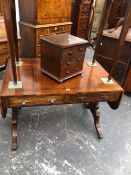 A 19th C. BRASS INLAID ROSEWOOD SOFA TABLE WITH A SHORT REAL DRAWER TO EACH SIDE, THE PILASTERS ON