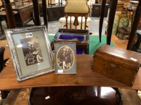 A SILVER AND A BRASS PHOTOGRAPH FRAME TOGETHER WITH A BURR WOOD TWO COMPARTMENT TEA CADDY