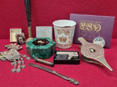 TWO NOVELTY CIGARETTE LIGHTERS, A RUSSIAN ENAMELLED BEAKER, TWO CASED COIN SETS, OTHER COINAGE AND