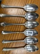 SIX VARIOUS 18th C. SILVER HANOVERIAN PATTERN TABLE SPOONS, 385Gms.