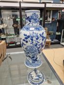 A LATE 19th/EARLY 20th C. CHINESE BLUE AND WHITE BALUSTER VASE AND A COVER, THE VASE PAINTED WITH TW