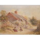 GEORGE HALL (19th CENTURY) BRITISH, CHILDREN OUTSIDE A COTTAGE, SIGNED, WATERCOLOUR, 37.5 X 26.5cm.