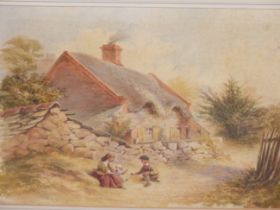 GEORGE HALL (19th CENTURY) BRITISH, CHILDREN OUTSIDE A COTTAGE, SIGNED, WATERCOLOUR, 37.5 X 26.5cm.