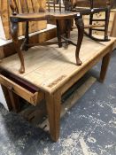 A ANTIQUE PINE SCULLERY TABLE WITH DRAWER TO EACH END ON STOUT SQUARE LEGS 152 x 76 x H 77 cm