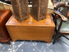 A MODERN CHINESE HARDWOOD COFFER CARVED WITH CHERRY BLOSSOM BANDS. W 91 x D 47 x H 63cms.