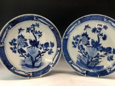 A PAIR OF LATE 19th/EARLY 20th C. CHINESE BLUE AND WHITE DISHES, EACH PAINTED WITH A BIRD AMONGST
